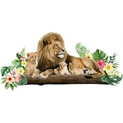 1Set Lion Wall Stickers Colorful Lion Family Cubs Tropical Plants Flowers Wall Sticker Jungle Safari Animal